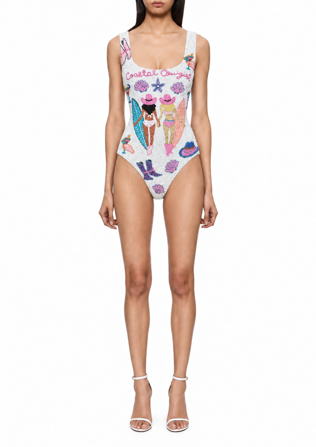 Bain de Soleil, maillot une pièce à scènes de plage perlées roses, lilas et bleues
