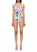 Bain de Soleil, maillot une pièce à scènes de plage perlées roses, lilas et bleues