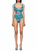Ondine, maillot une pièce turquoise à silhouettes de surfeurs perlées