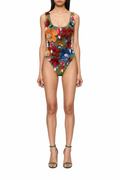 Floraison, maillot une pièce vert à fleurs et fruits perlés en relief