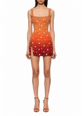 Braise, robe courte perlée en dégradé orange et rouge profond