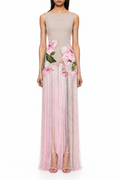 Roseraie, robe longue à fleurs roses en relief et franges perlées