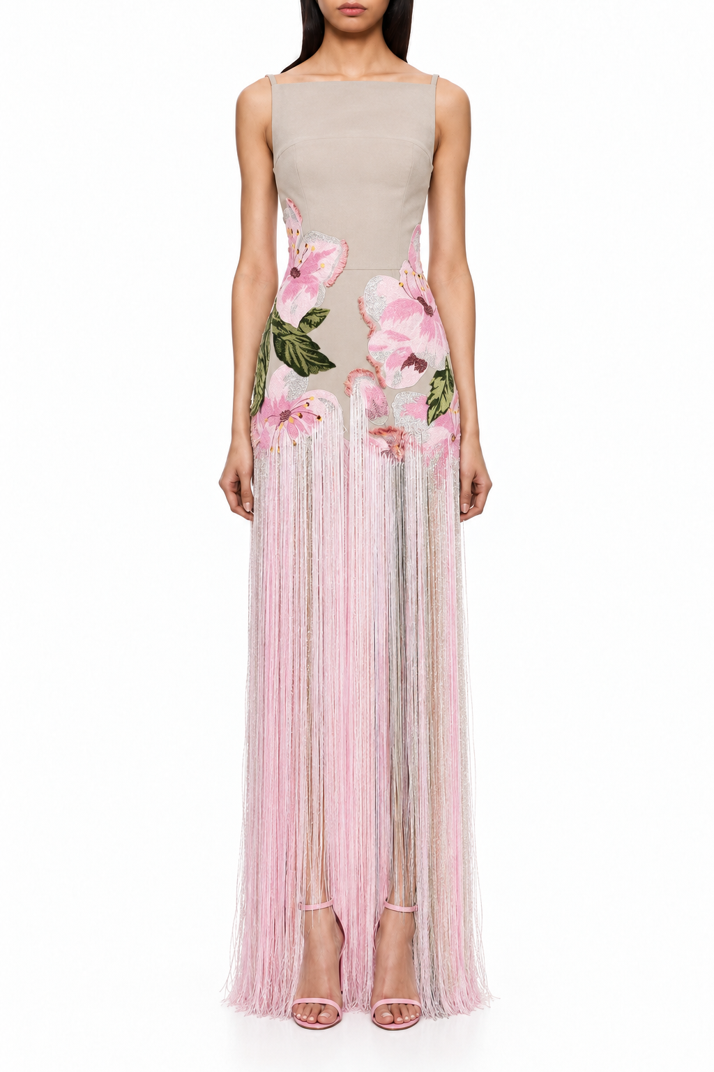 Roseraie, robe longue à fleurs roses en relief et franges perlées
