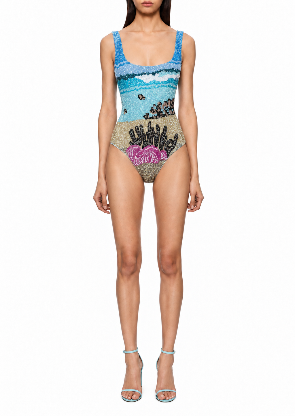 Horizon, maillot une pièce à paysage côtier perlé bleu, sable et rose