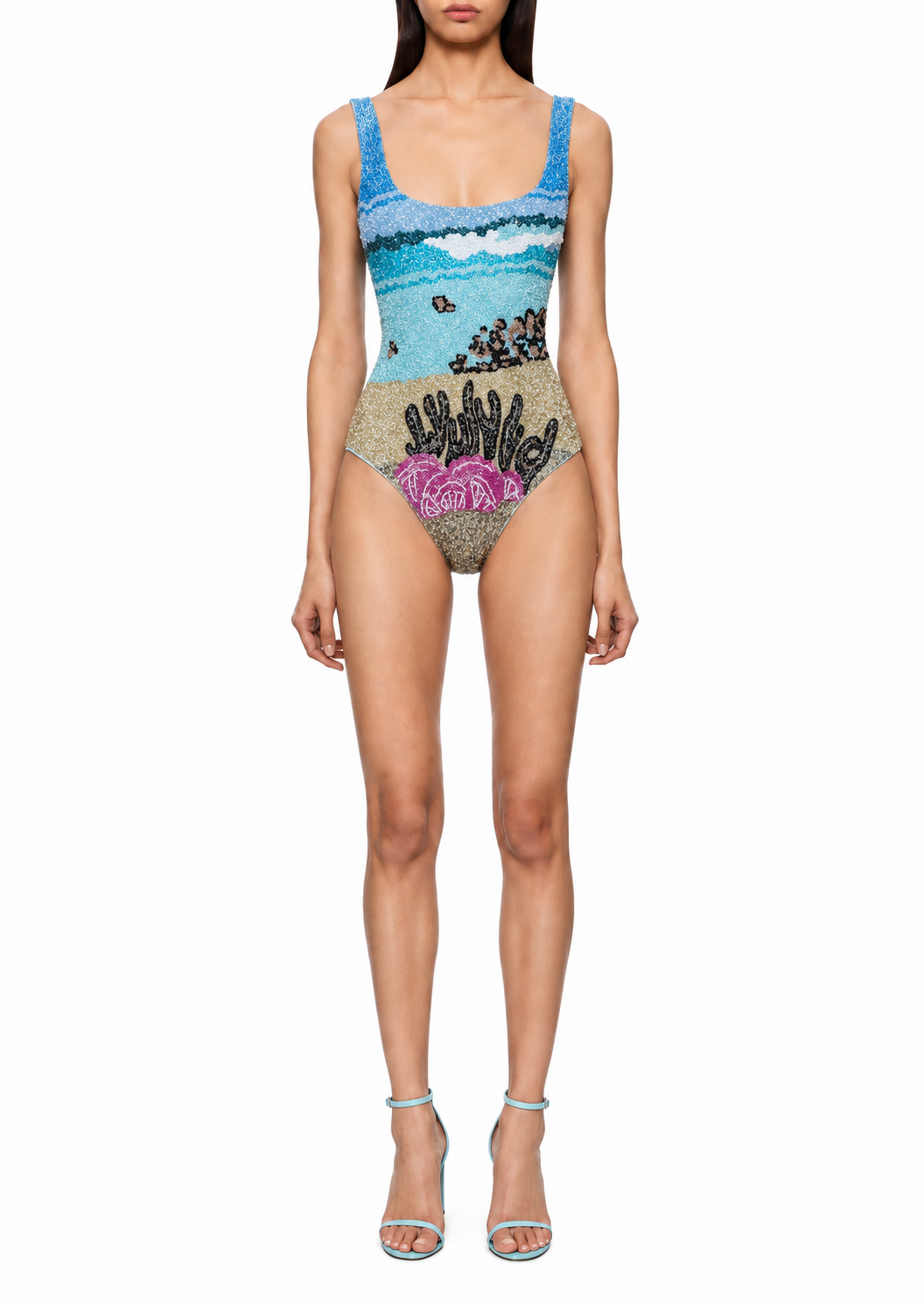 Horizon, maillot une pièce à paysage côtier perlé bleu, sable et rose