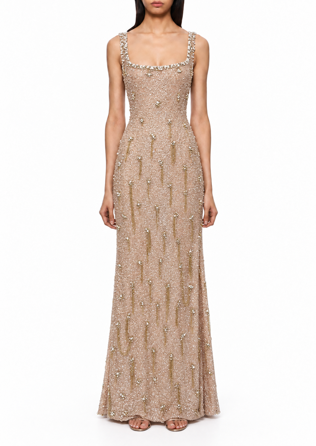 Nacrée, robe longue champagne à perlage en lignes verticales
