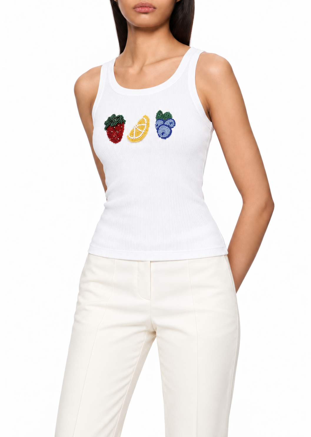 Verger, débardeur blanc en coton à petits fruits perlés multicolores