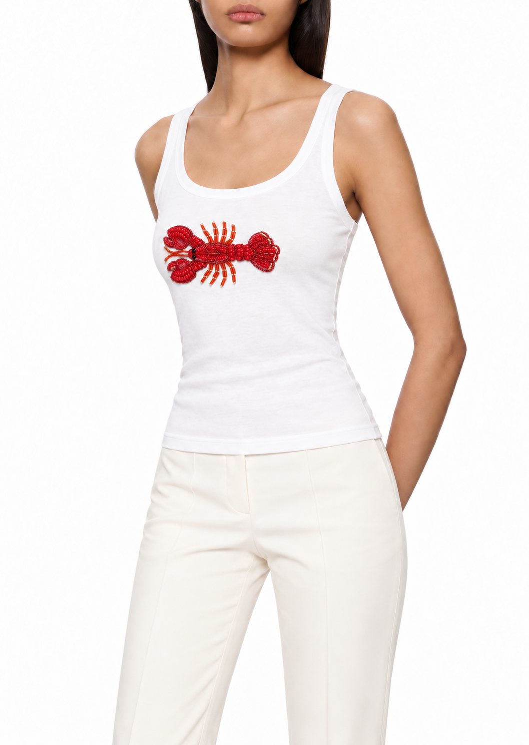 Homard, débardeur blanc en coton à motif de homard perlé rouge