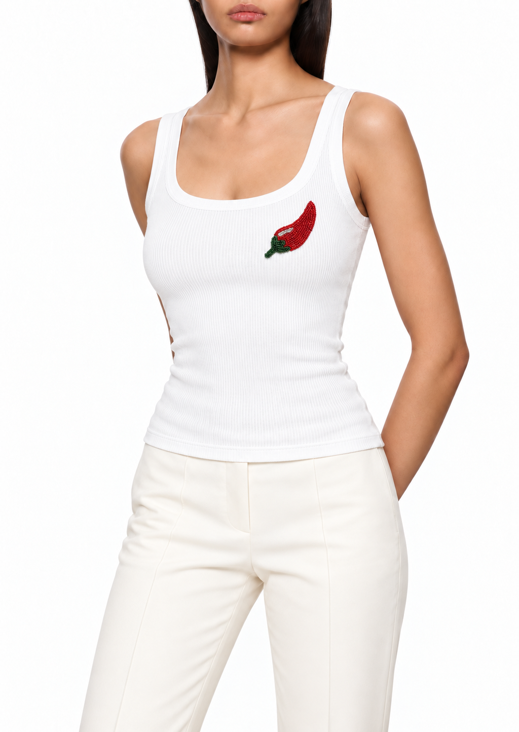 Piment, débardeur blanc en coton à motif perlé rouge et vert