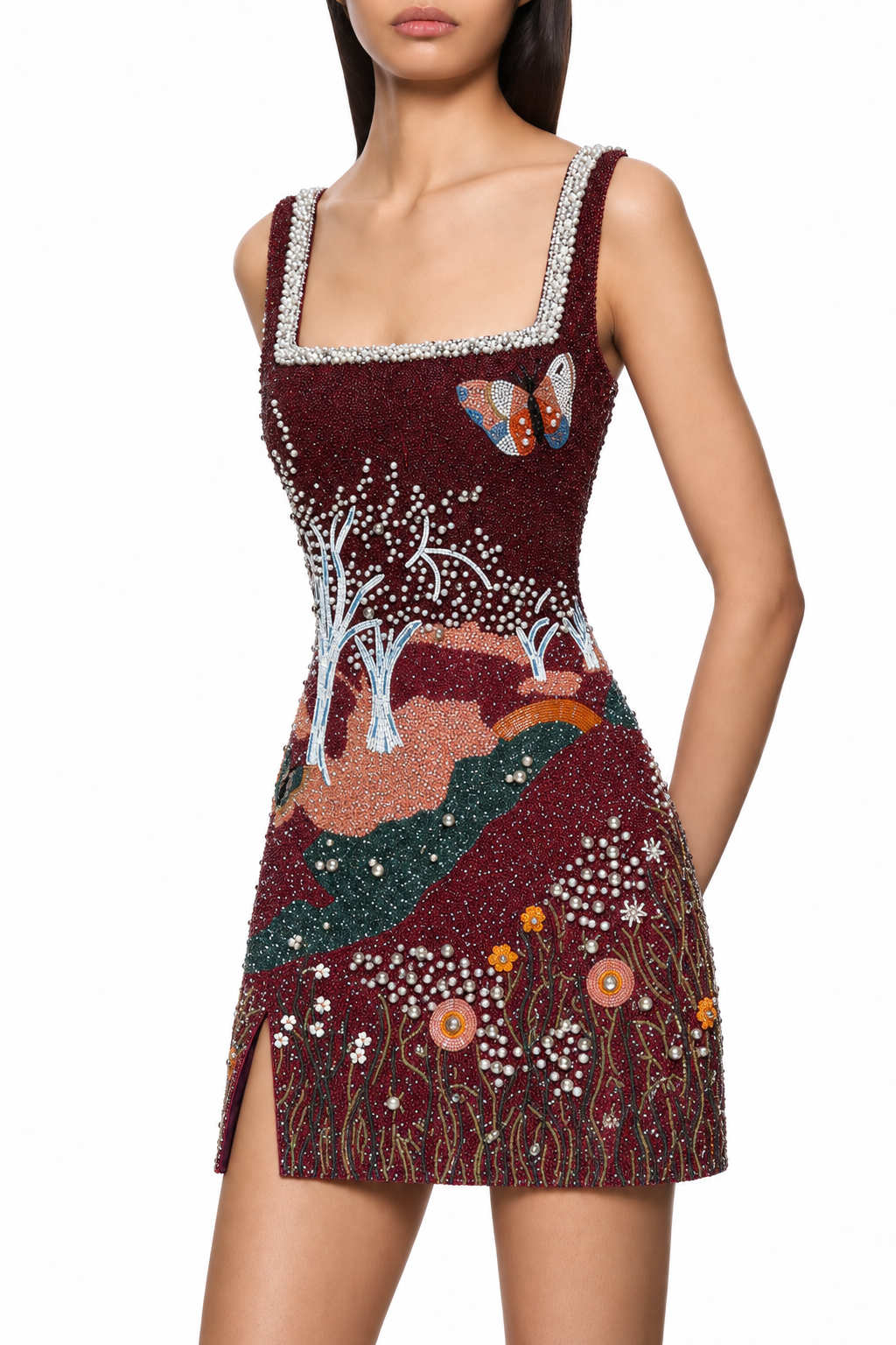 Oasis — Robe courte à paysage perlé