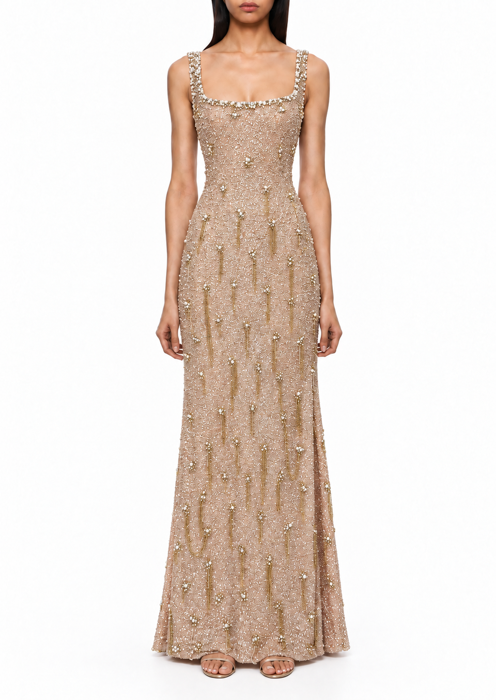 Nacrée — Robe longue perlée champagne