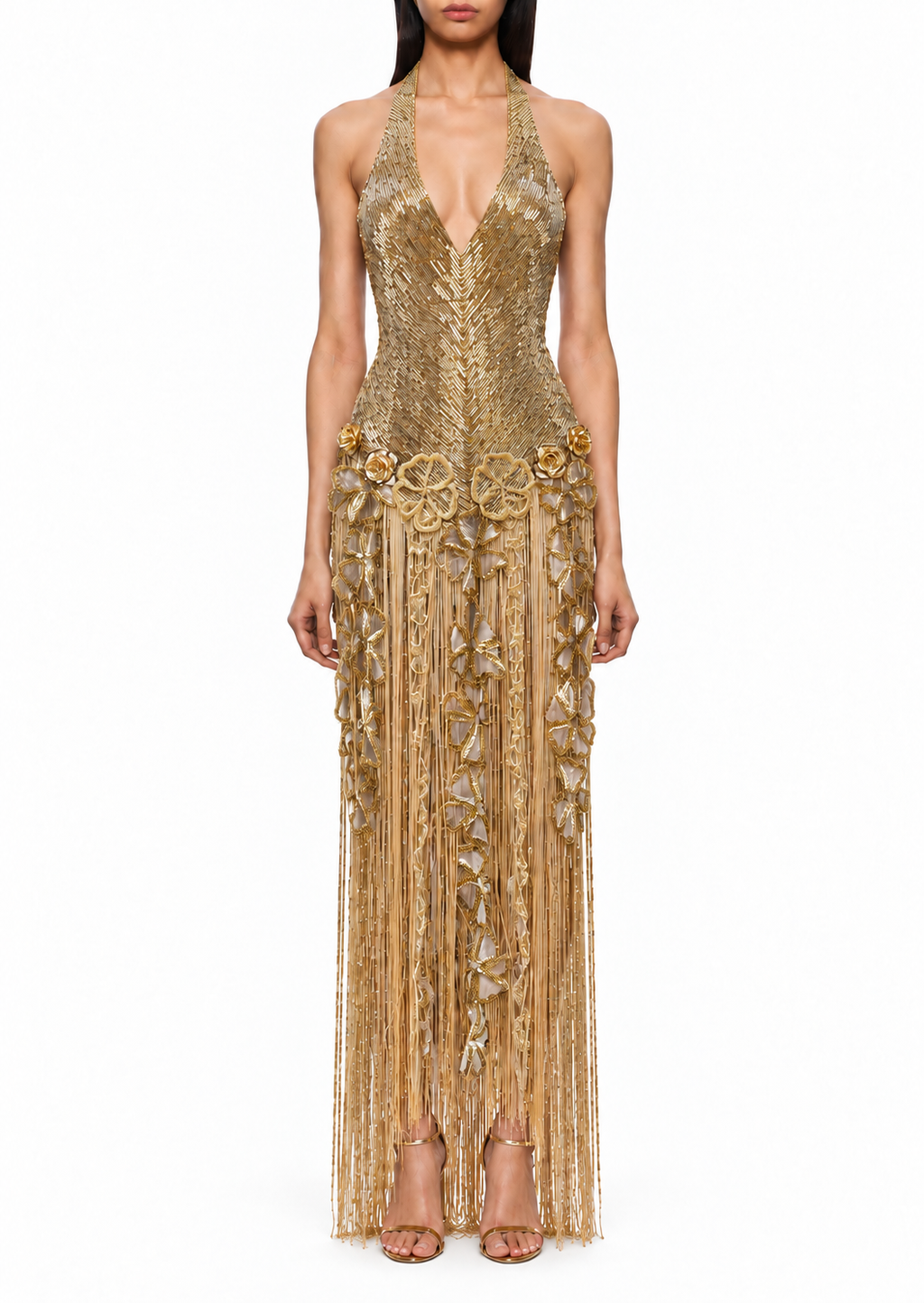 Cascade, robe longue dorée à détails floraux et franges perlées