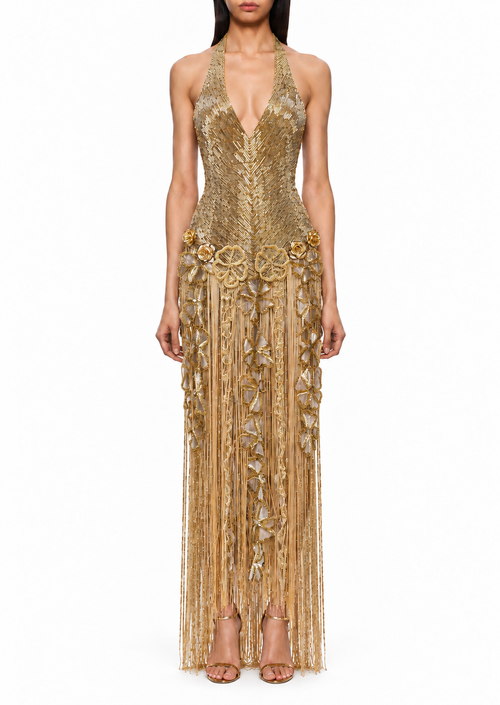 Cascade, robe longue dorée à détails floraux et franges perlées