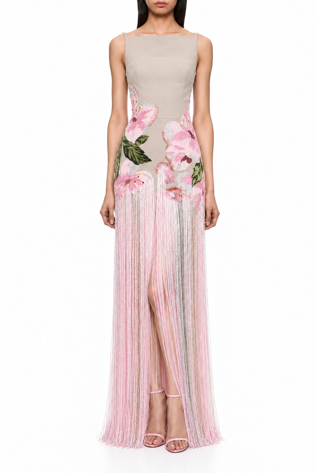 Roseraie — Robe longue perlée à fleurs et franges