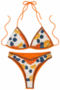 Zeste, maillot deux-pièces à décor fruité perlé orange et bleu