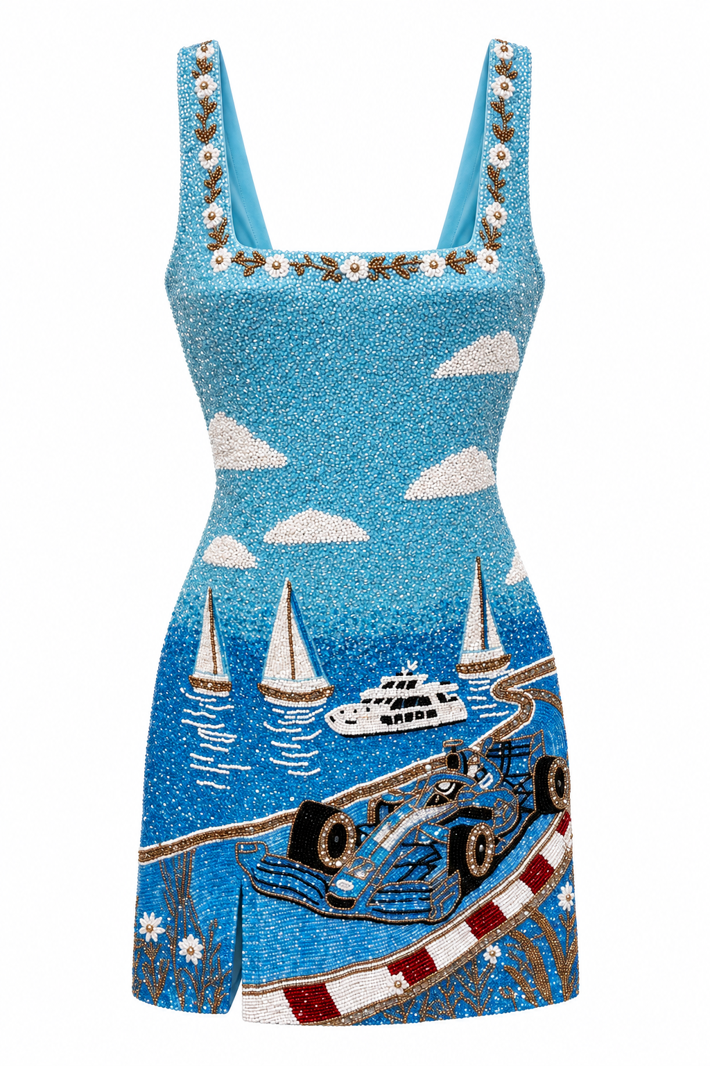 Escale — Robe courte à paysage côtier perlé