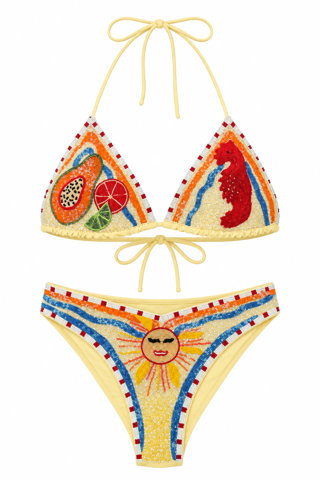 Soleil Levant, maillot deux-pièces aux motifs fruités perlés jaunes, orange et rouges