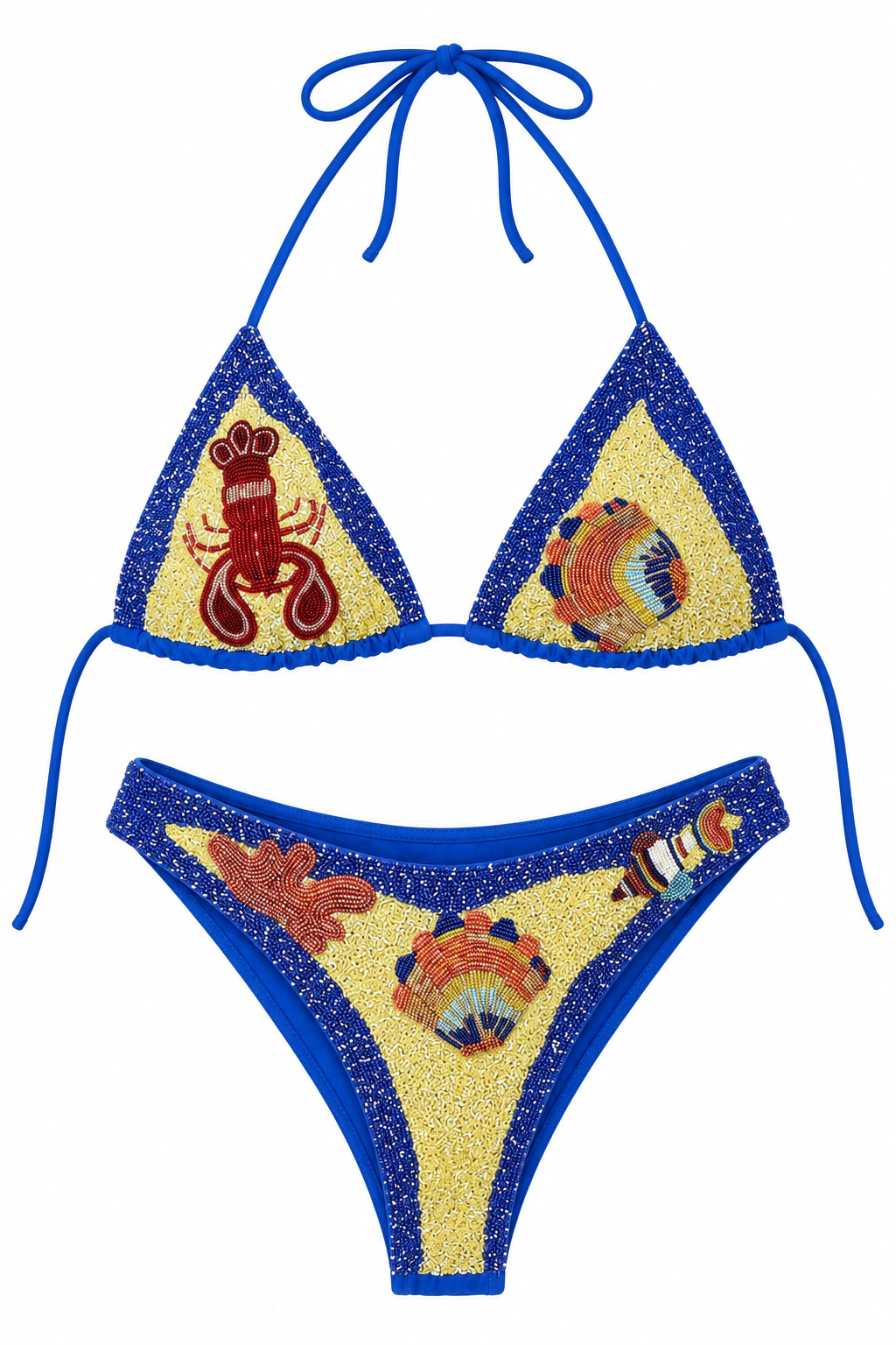 Coquillage, maillot deux-pièces à coquillages perlés et contours bleus