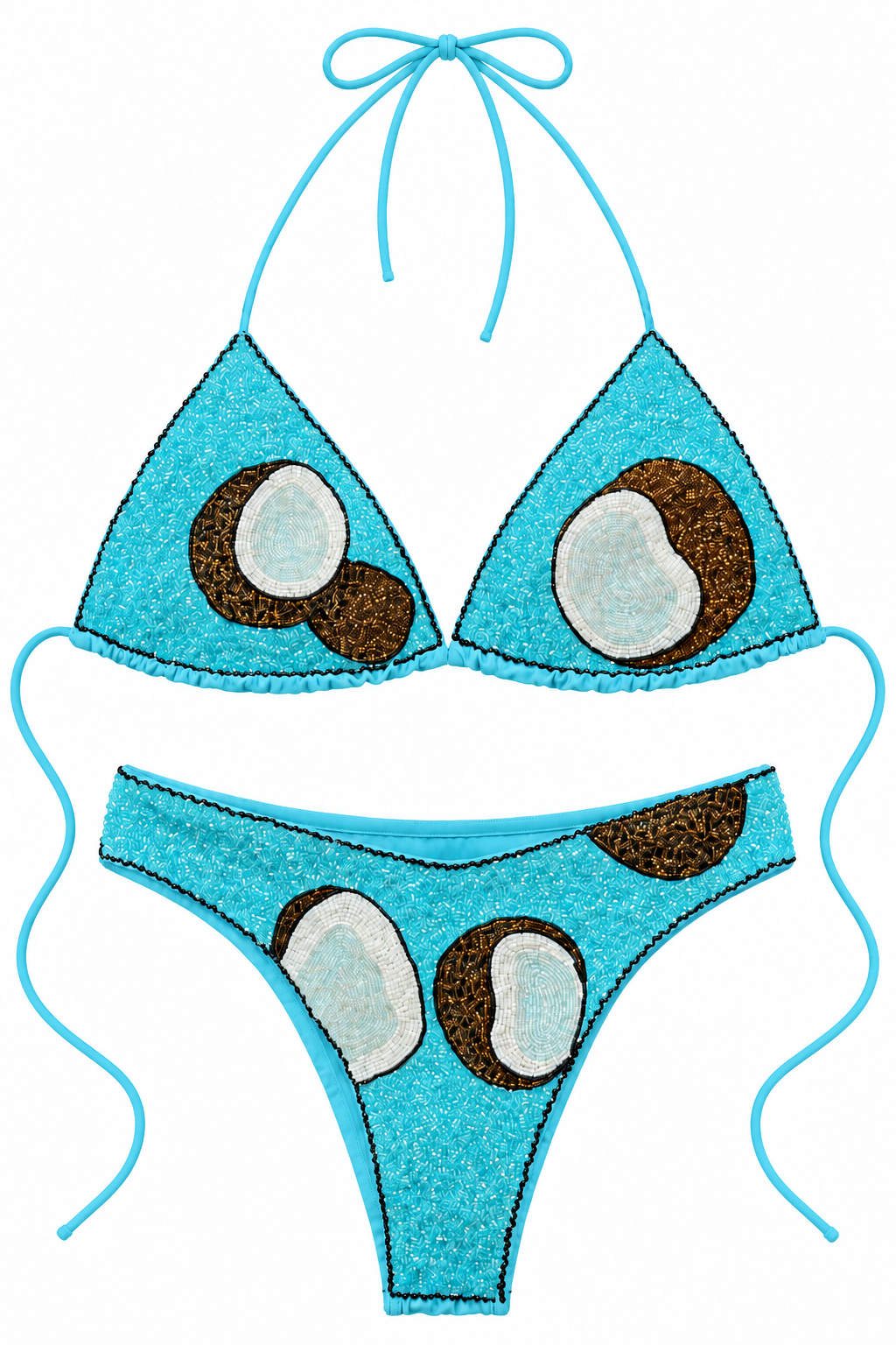 Lagon, maillot deux-pièces turquoise à motifs de noix de coco perlés