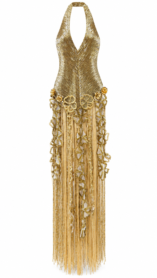 Cascade — Robe longue perlée à franges