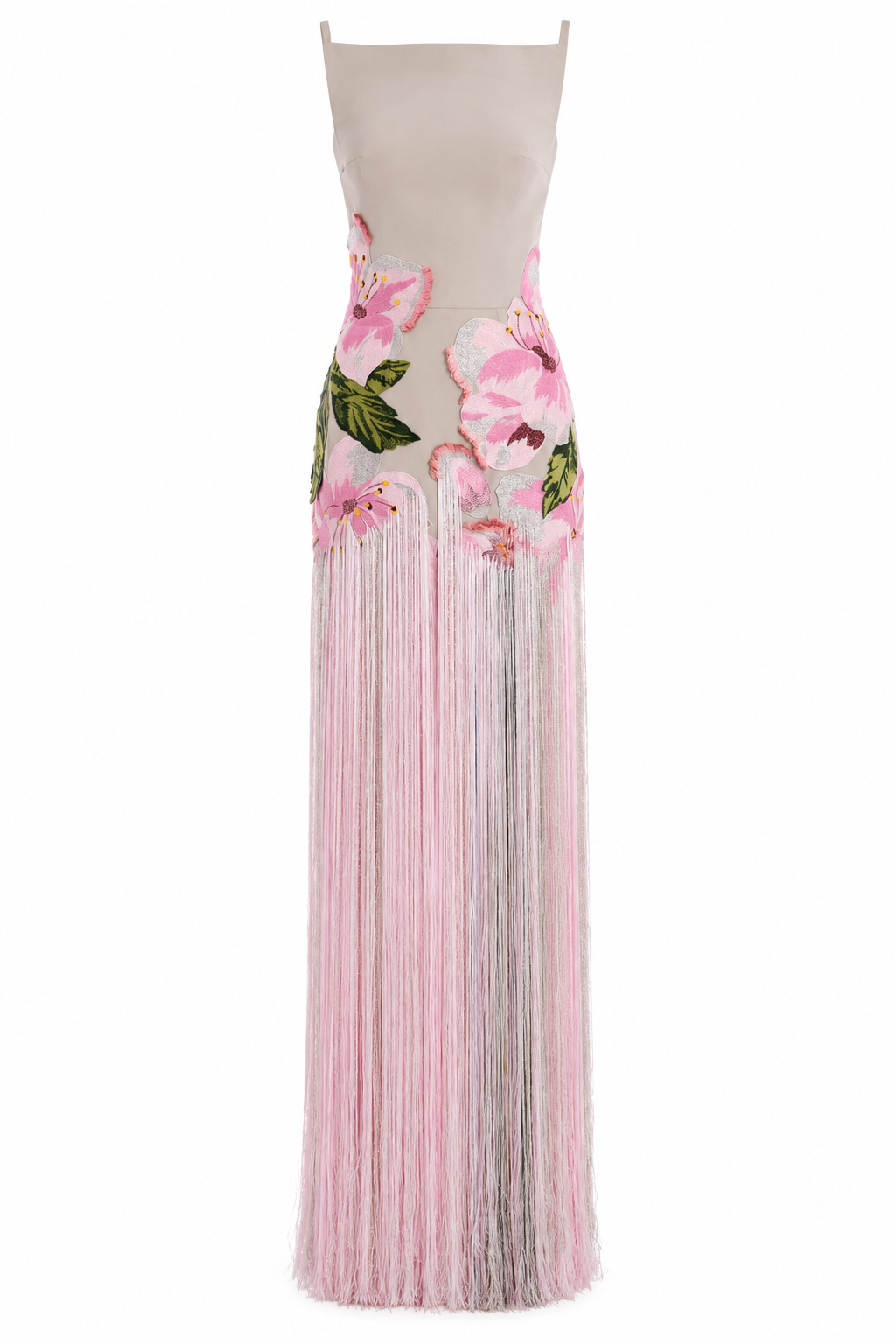 Roseraie — Robe longue perlée à fleurs et franges