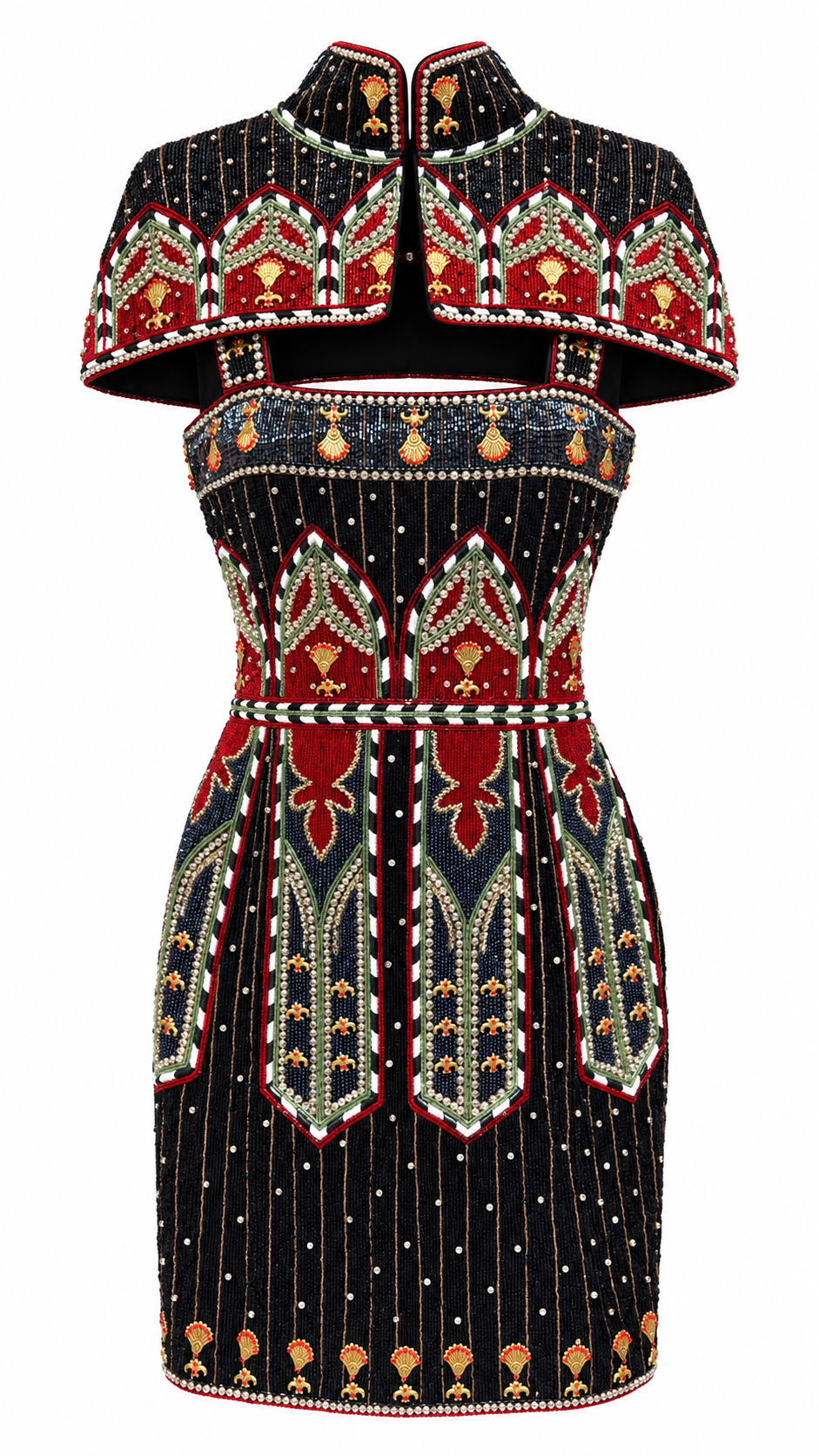 Amarante — Robe courte perlée et cape