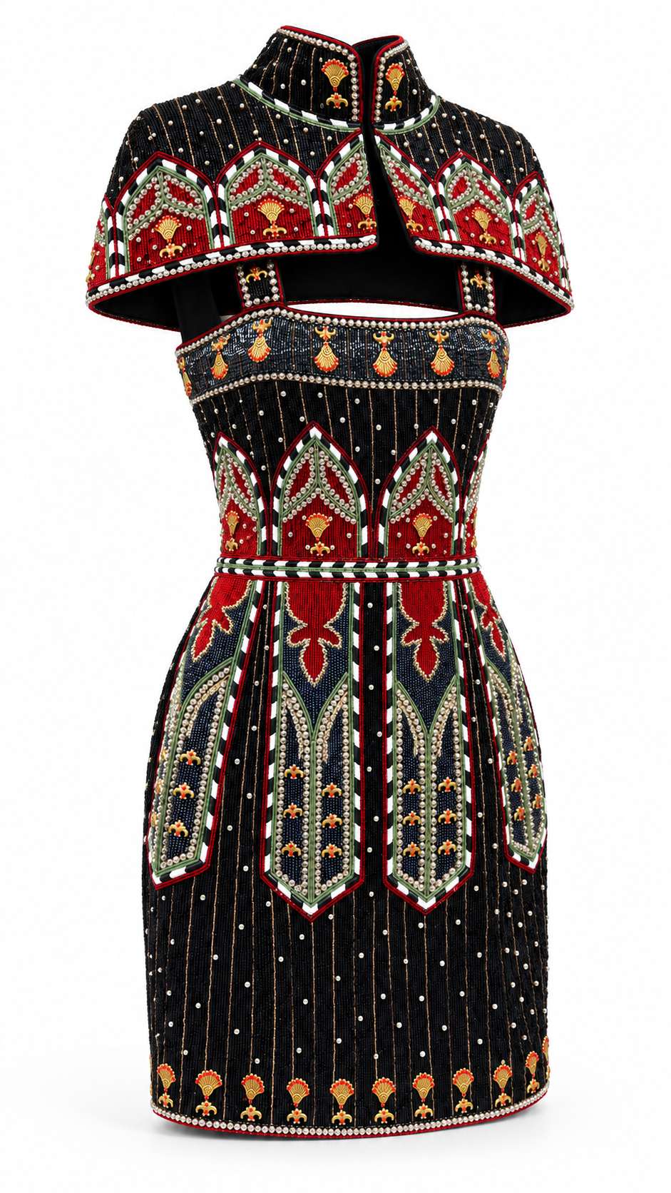 Amarante — Robe courte perlée et cape