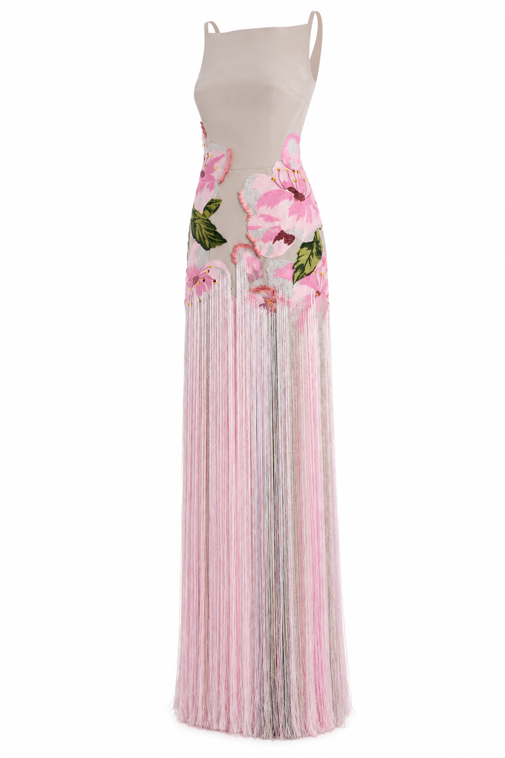 Roseraie — Robe longue perlée à fleurs et franges