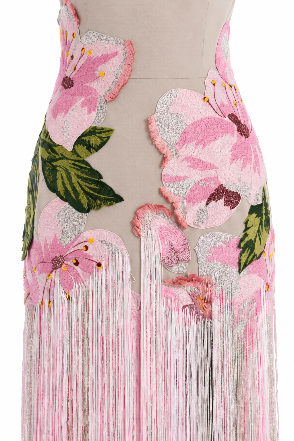 Roseraie — Robe longue perlée à fleurs et franges